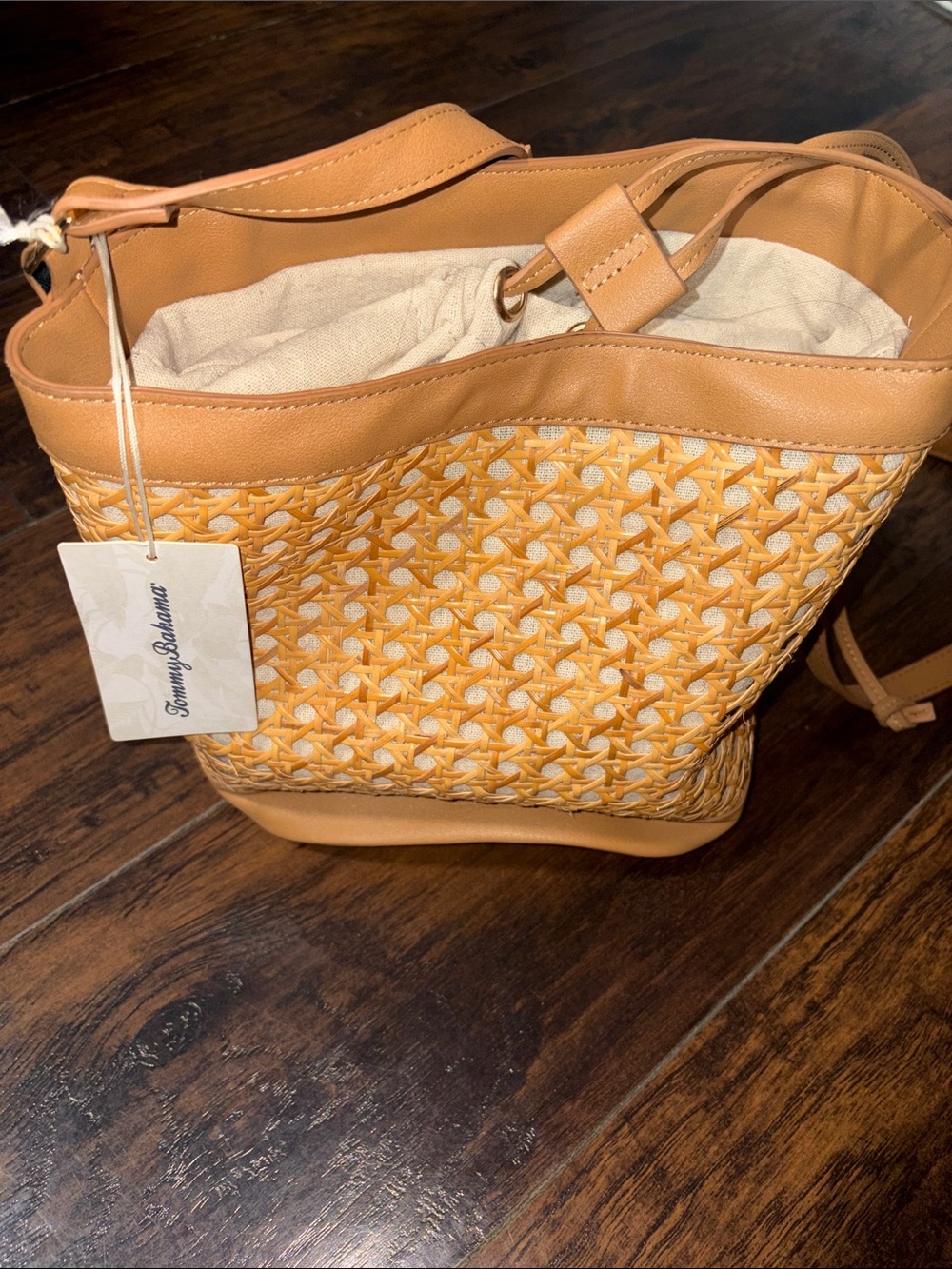 Tommy Bahama Tan Woven Tote with Cream Lining NEW